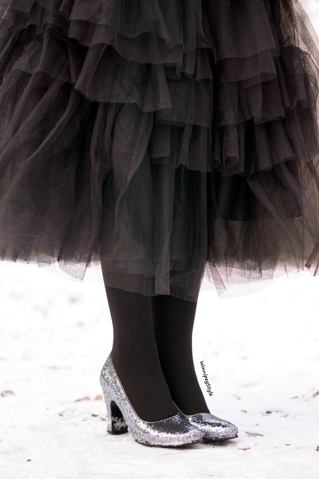 Winnipeg Style Fashion stylist, canadian blogger, Chicwish black long layered tulle party dream skirt, John Fluevog glitter sparkle Miracles Medugorje pumps shoes, Modern vintage style, winter 2018 2019
